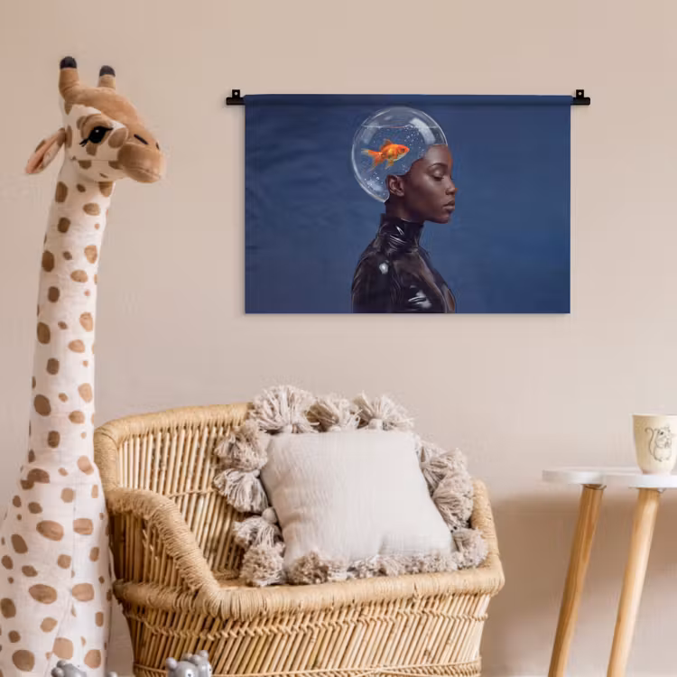 Wandkleed - Vrouw - Goudvis - Hoofd - Abstract - Blauw — 5