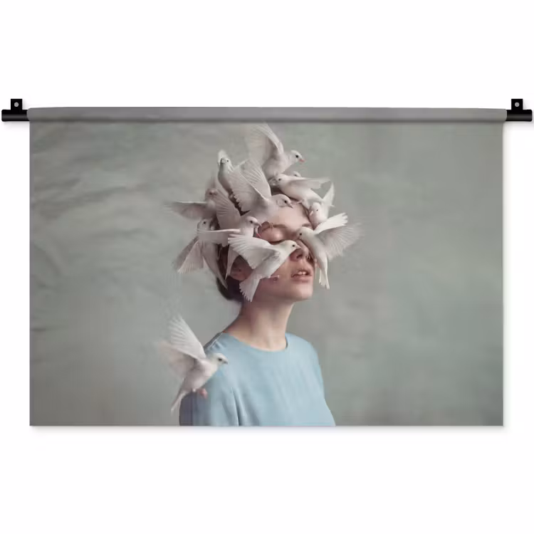 Wandkleed - Vrouw - Vogels - Abstract - Modern - Wit — 1