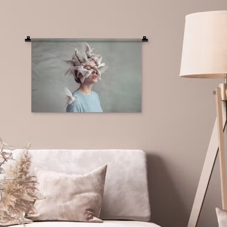 Wandkleed - Vrouw - Vogels - Abstract - Modern - Wit — 2