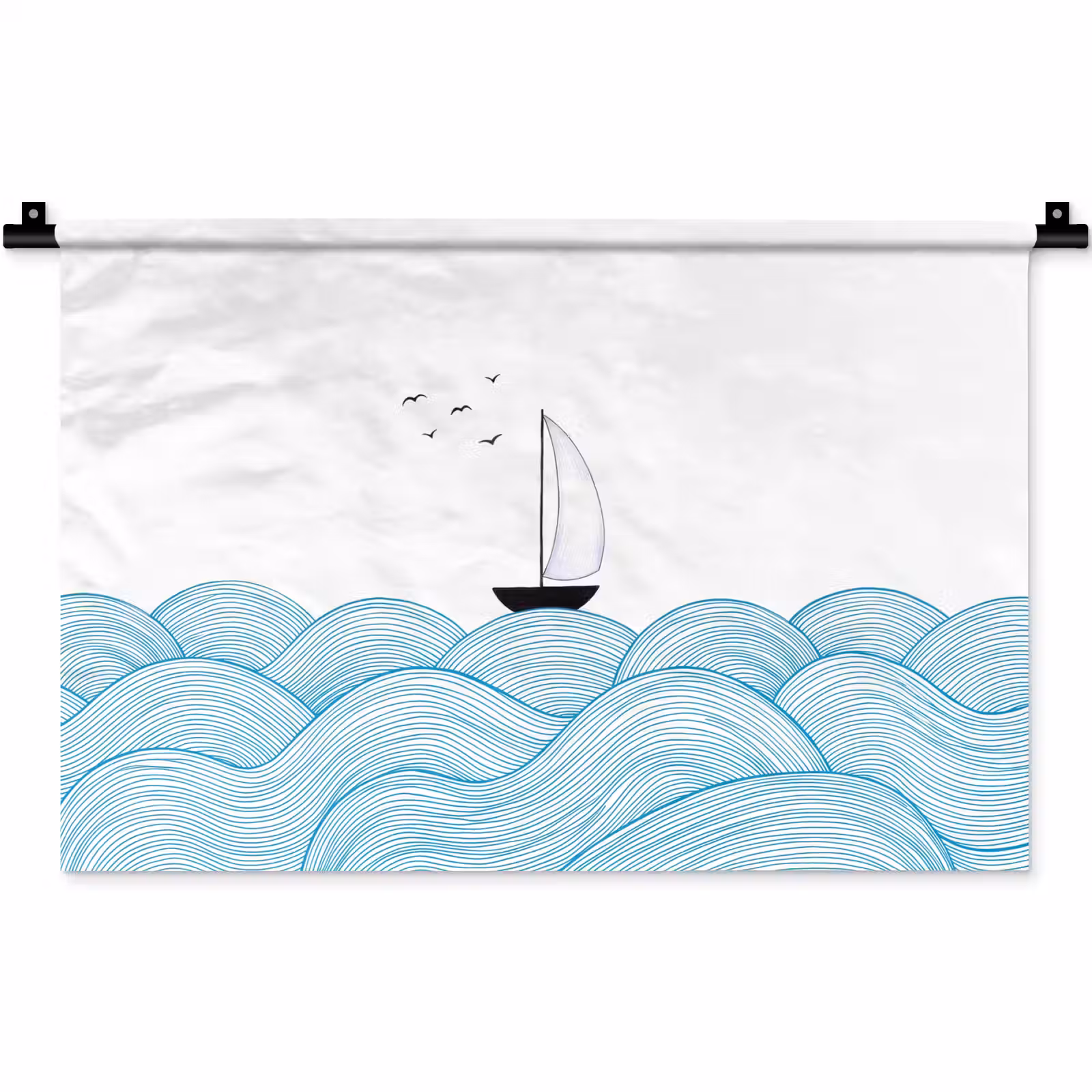 Wandkleed - Zeilboot - Golven - Zee - Illustratie - Blauw — 1