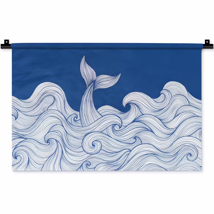 Wandkleed - Walvis - Staart - Golven - Lijntekening - Blauw — 1