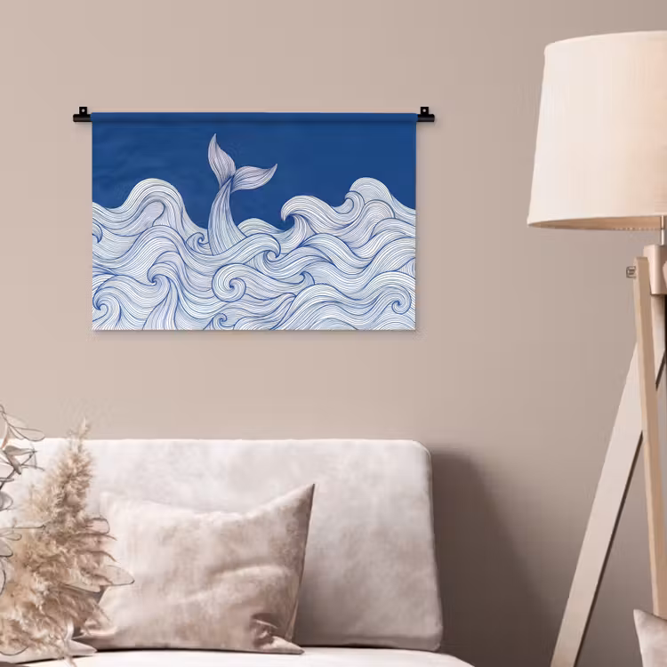Wandkleed - Walvis - Staart - Golven - Lijntekening - Blauw — 2