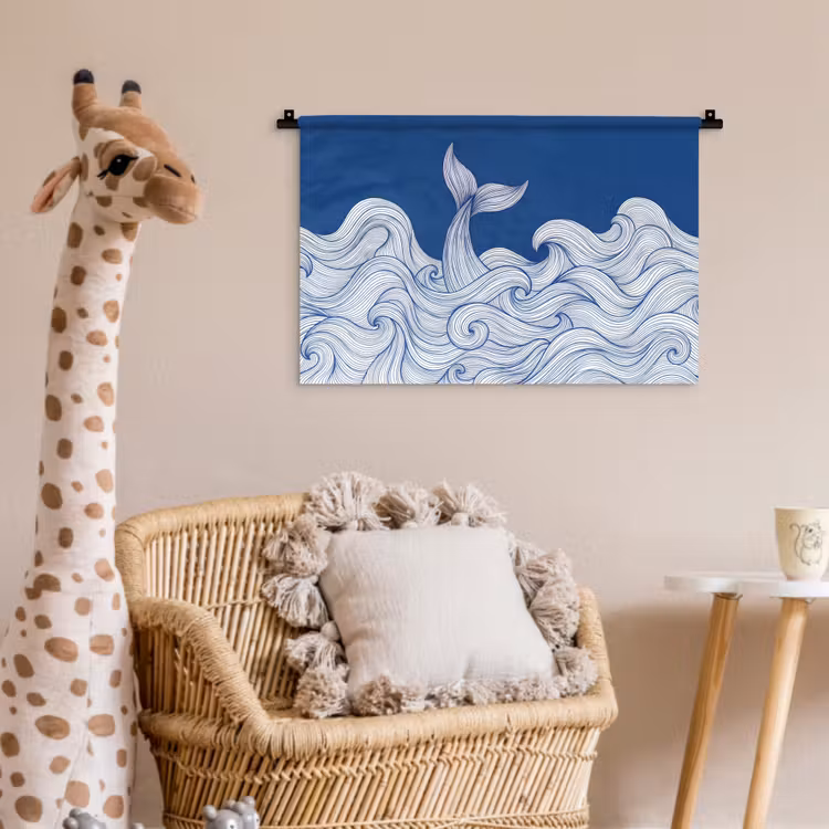 Wandkleed - Walvis - Staart - Golven - Lijntekening - Blauw — 5