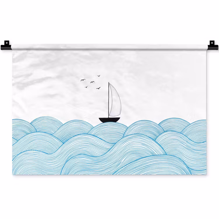 Wandkleed - Zeilboot - Golven - Zee - Illustratie - Blauw — 1