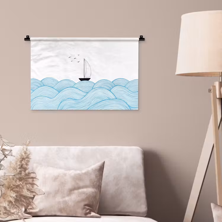 Wandkleed - Zeilboot - Golven - Zee - Illustratie - Blauw — 2