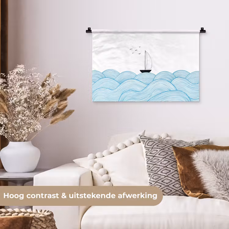 Wandkleed - Zeilboot - Golven - Zee - Illustratie - Blauw — 4