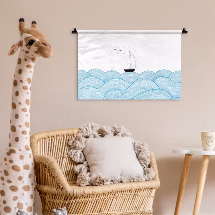 Wandkleed - Zeilboot - Golven - Zee - Illustratie - Blauw — 5