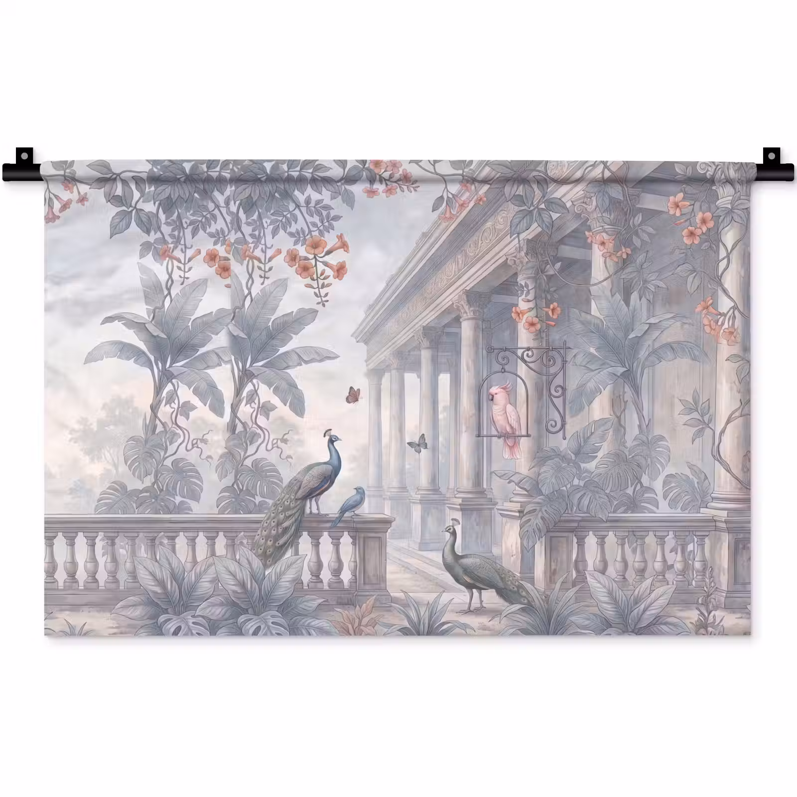 Wandkleed - Vogel - Pauw - Architectuur - Klassiek - Groen — 1