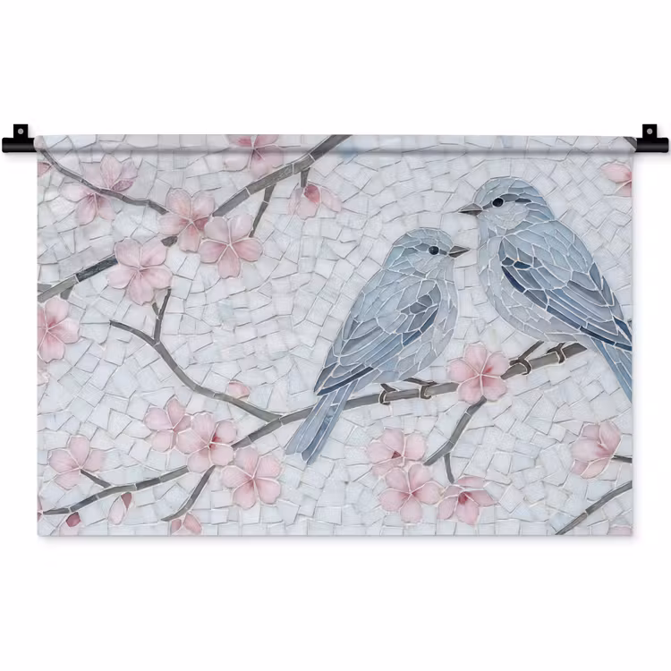 Wandkleed - Vogel - Bloemen - Natuur - Mozaïek - Roze — 1