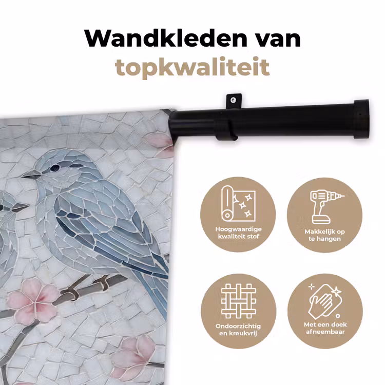 Wandkleed - Vogel - Bloemen - Natuur - Mozaïek - Roze — 3