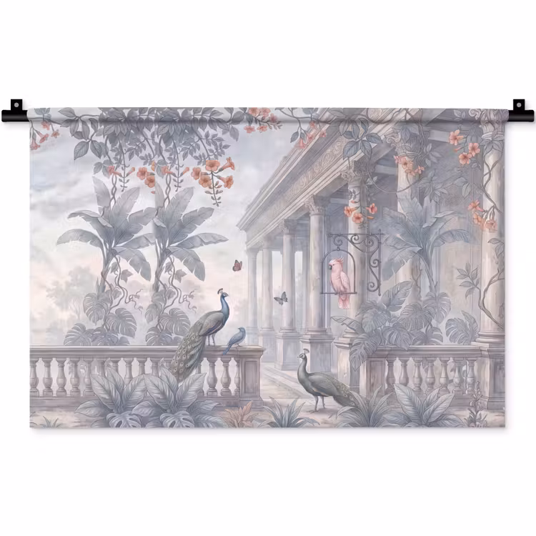 Wandkleed - Vogel - Pauw - Architectuur - Klassiek - Groen — 1