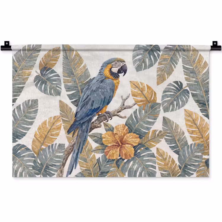 Wandkleed - Vogel - Tak - Natuur - Mozaïek - Blauw — 1