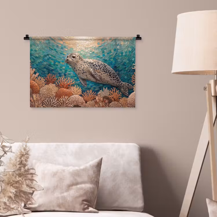 Wandkleed - Zeehond - Mozaïek - Onderwater - Dieren - Blauw — 2