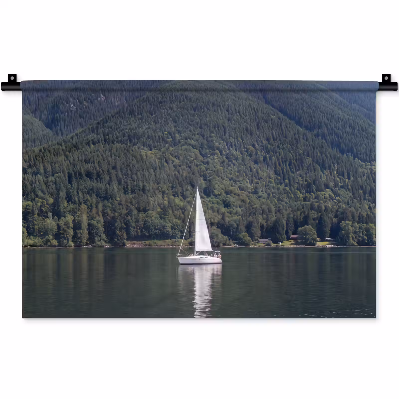 Wandkleed - Zeilboot - Water - Bergen - Natuur - Groen — 1