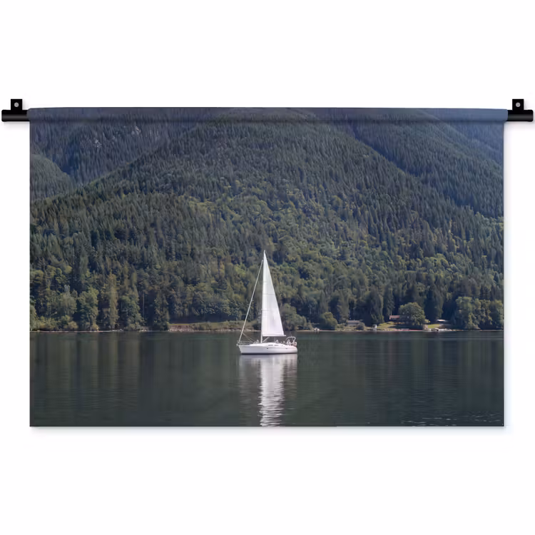 Wandkleed - Zeilboot - Water - Bergen - Natuur - Groen — 1
