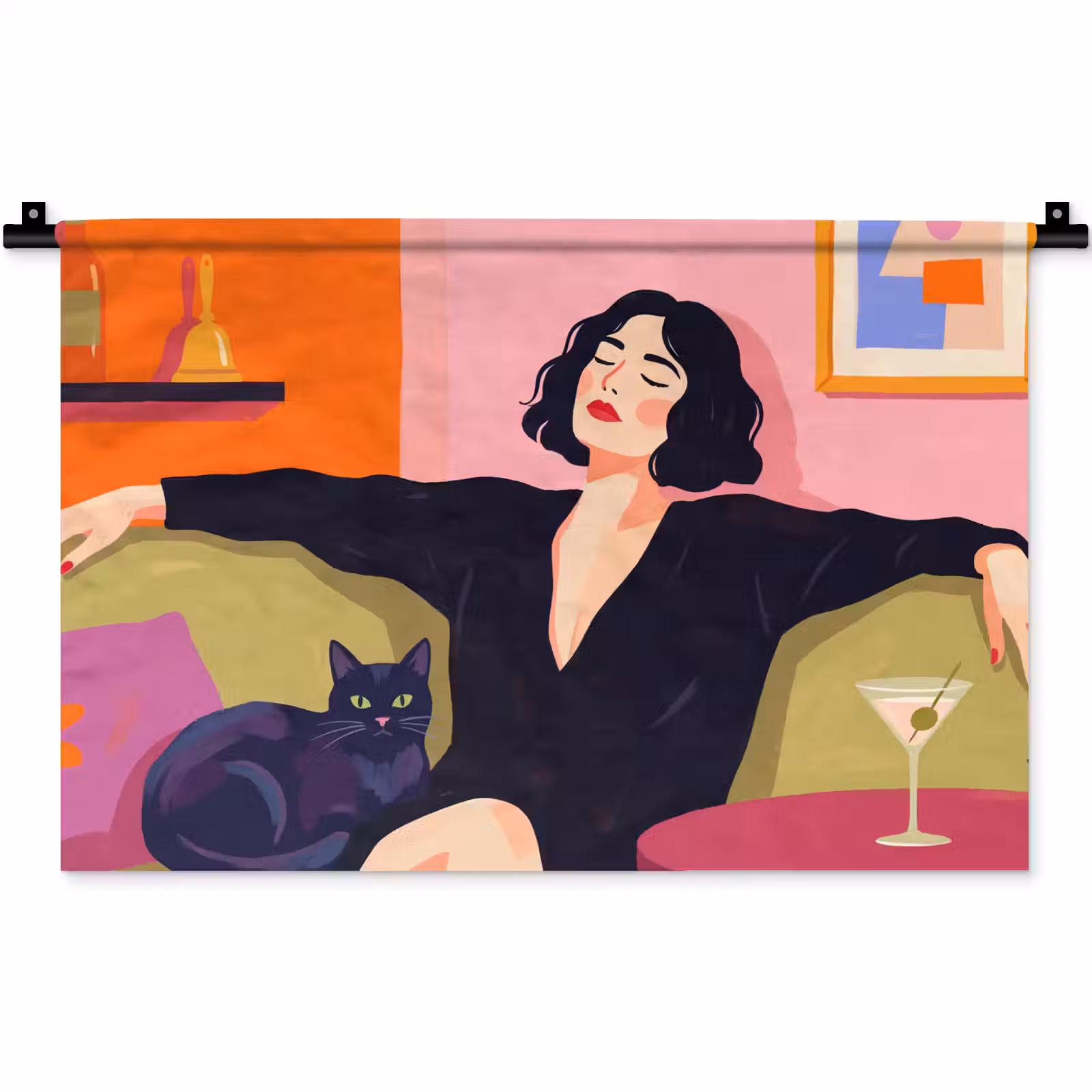 Wandkleed - Vrouw - Kat - Interieur - Modern - Kleurrijk — 1