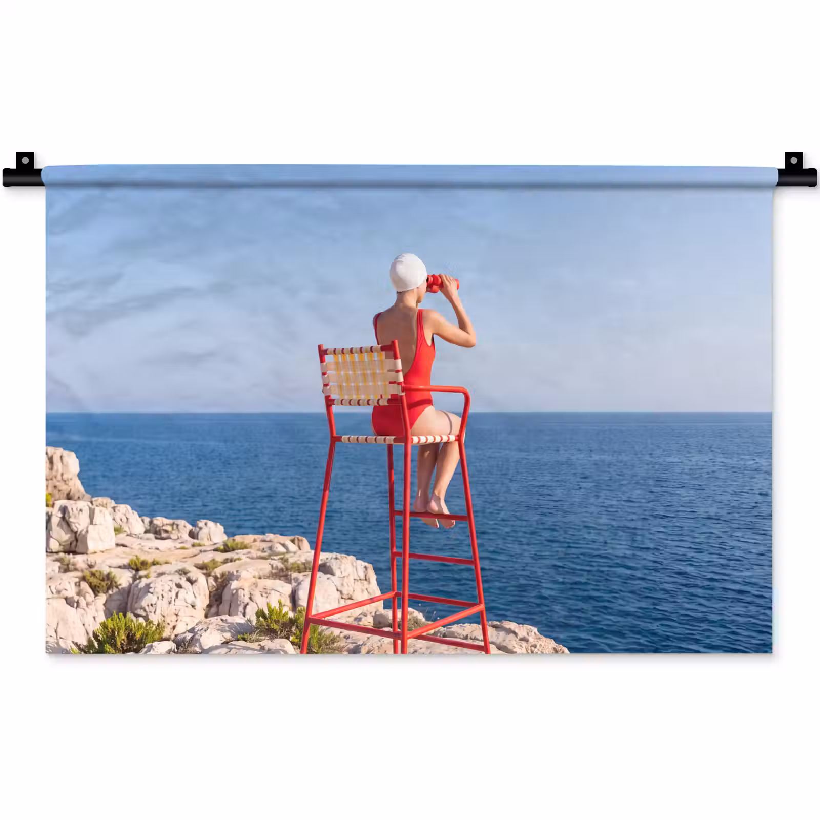 Wandkleed - Vrouw - Zee - Kust - Verrekijker - Rood — 1
