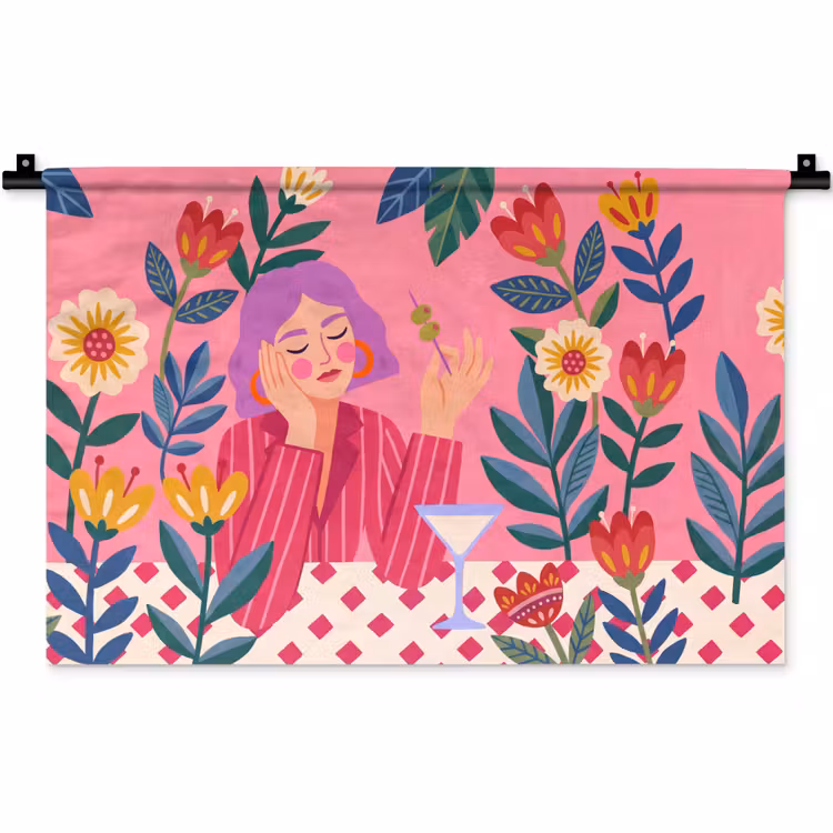 Wandkleed - Vrouw - Cocktail - Bloemen - Modern - Roze — 1