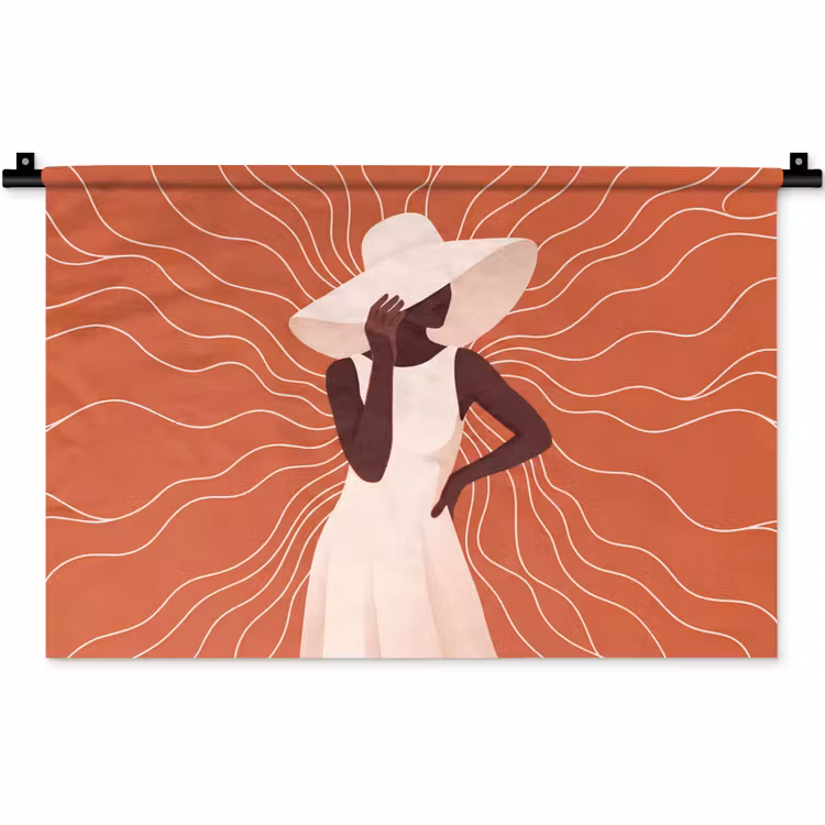 Wandkleed - Vrouw - Hoed - Portret - Modern - Beige — 1