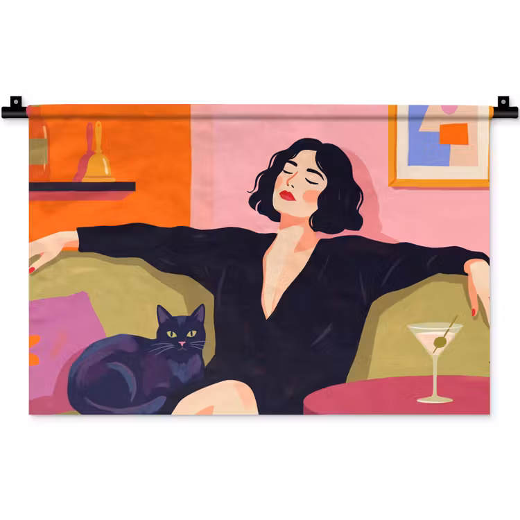 Wandkleed - Vrouw - Kat - Interieur - Modern - Kleurrijk — 1