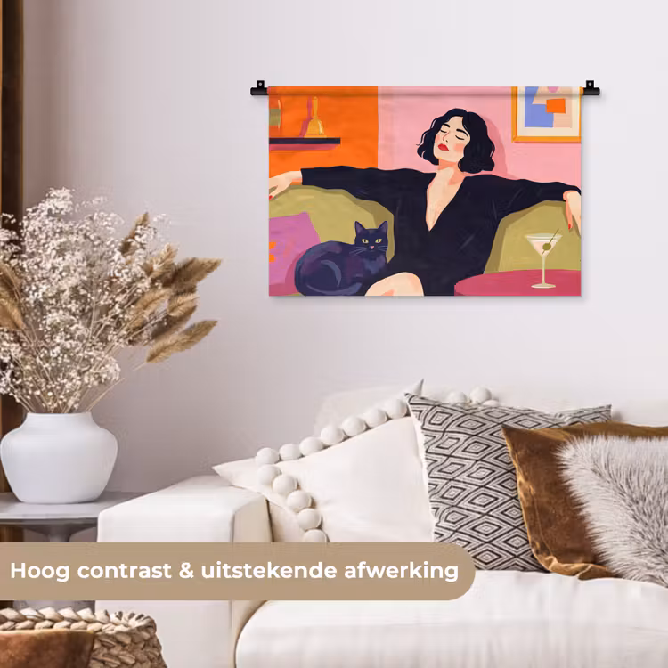 Wandkleed - Vrouw - Kat - Interieur - Modern - Kleurrijk — 4