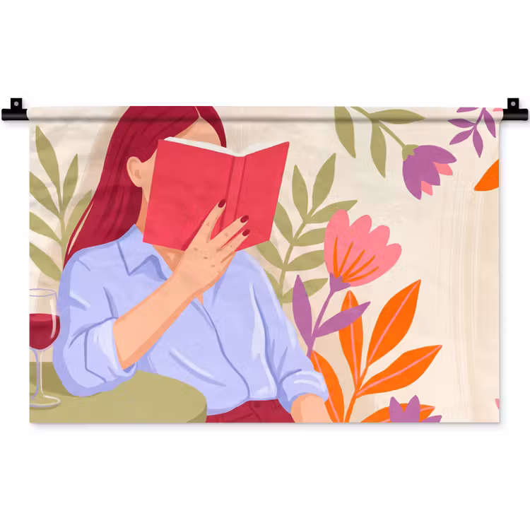 Wandkleed - Vrouw - Lezen - Thuis - Modern - Bloemen — 1