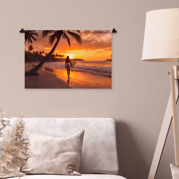 Wandkleed - Vrouw - Surfplank - Strand - Zonsondergang - Oranje — 2