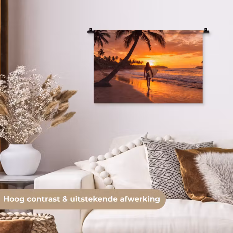 Wandkleed - Vrouw - Surfplank - Strand - Zonsondergang - Oranje — 4