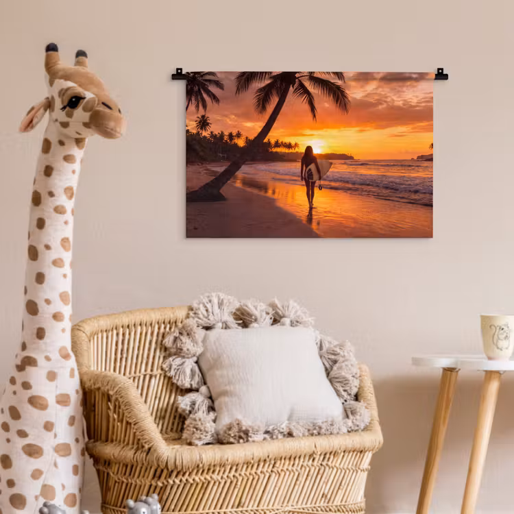 Wandkleed - Vrouw - Surfplank - Strand - Zonsondergang - Oranje — 5