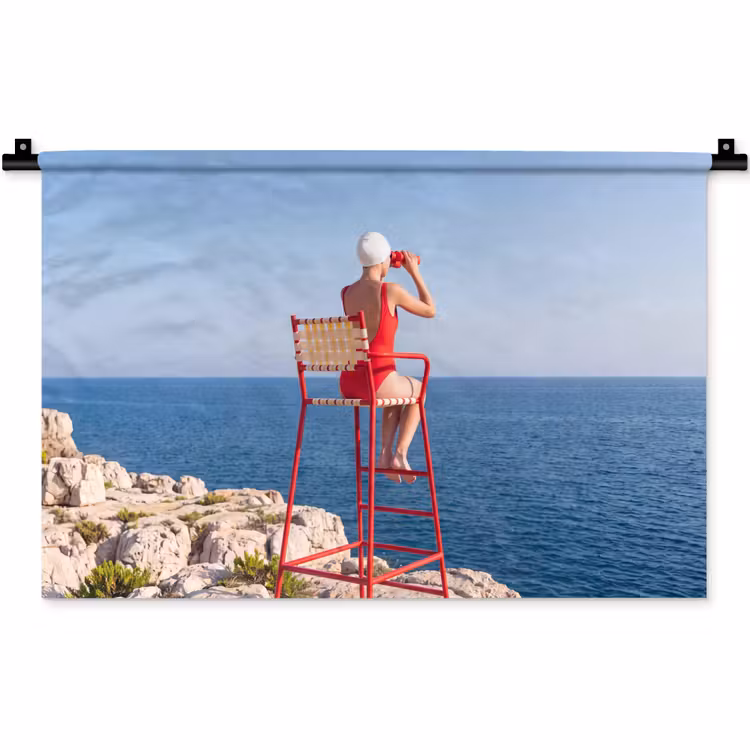 Wandkleed - Vrouw - Zee - Kust - Verrekijker - Rood — 1