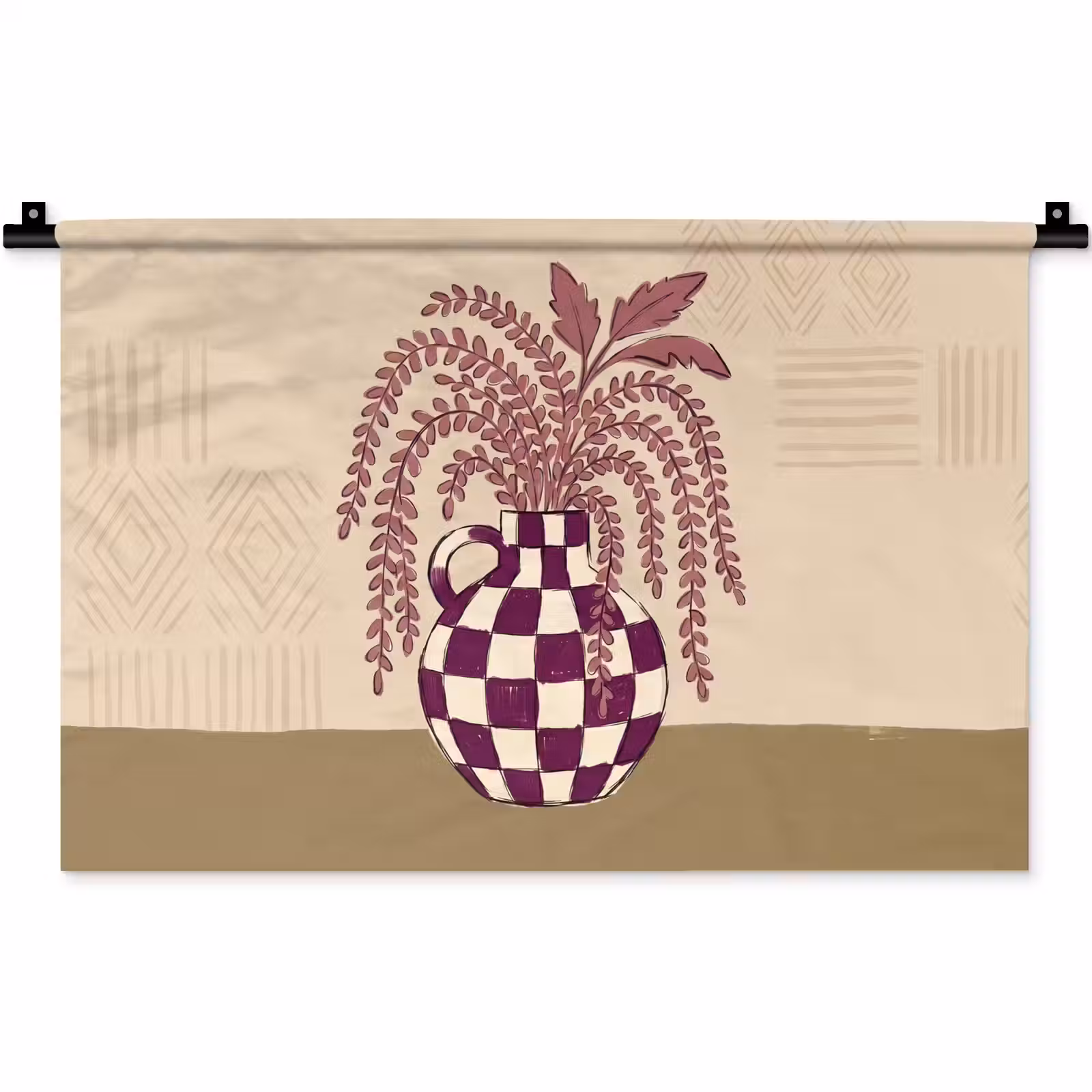 Wandkleed - Vaas - Geruit - Planten - Modern - Paars — 1