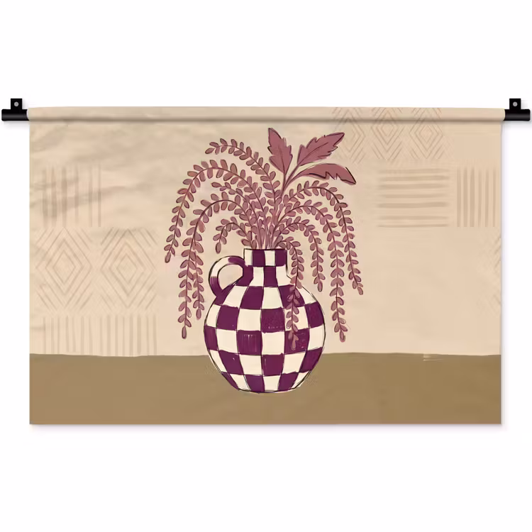 Wandkleed - Vaas - Geruit - Planten - Modern - Paars — 1