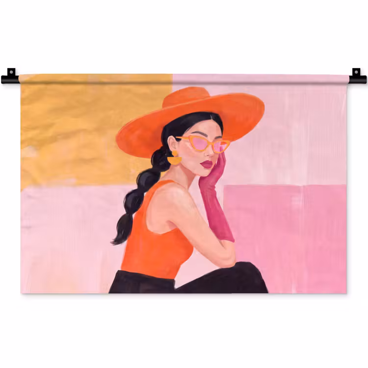 Wandkleed - Vrouw - Hoed - Mode - Modern - Oranje — 1