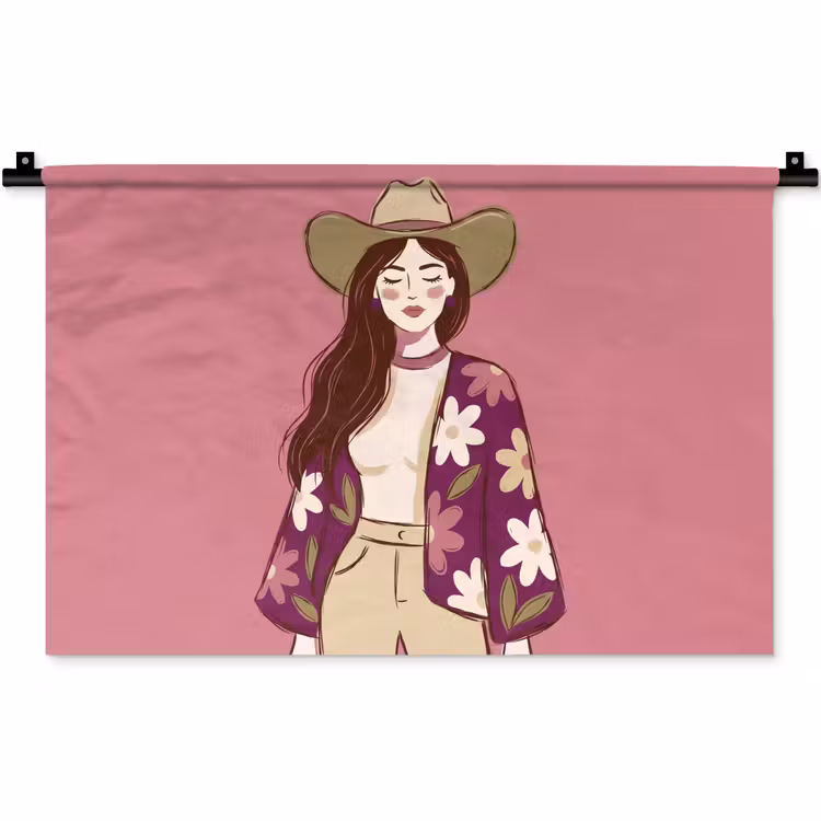 Wandkleed - Vrouw - Hoed - Portret - Illustratie - Roze — 1