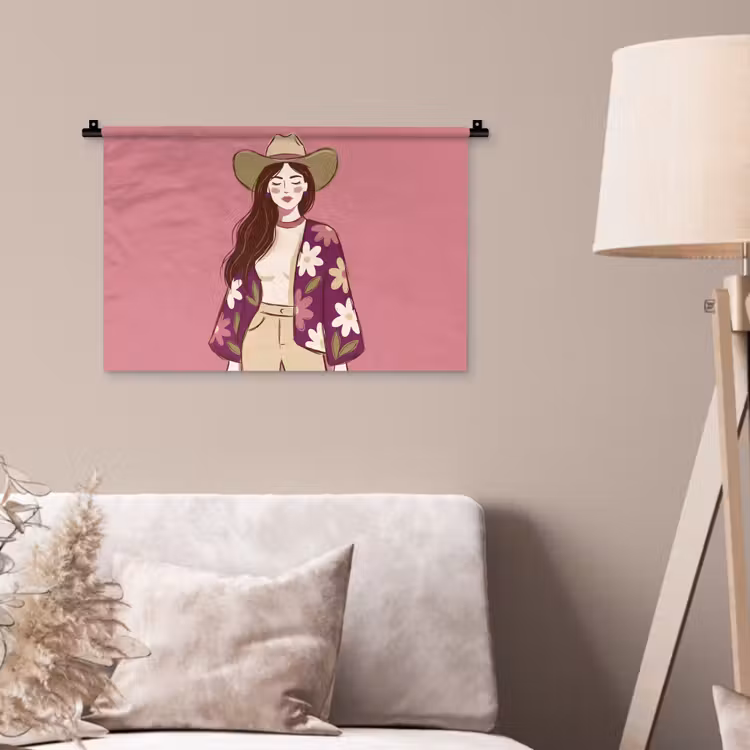 Wandkleed - Vrouw - Hoed - Portret - Illustratie - Roze — 2