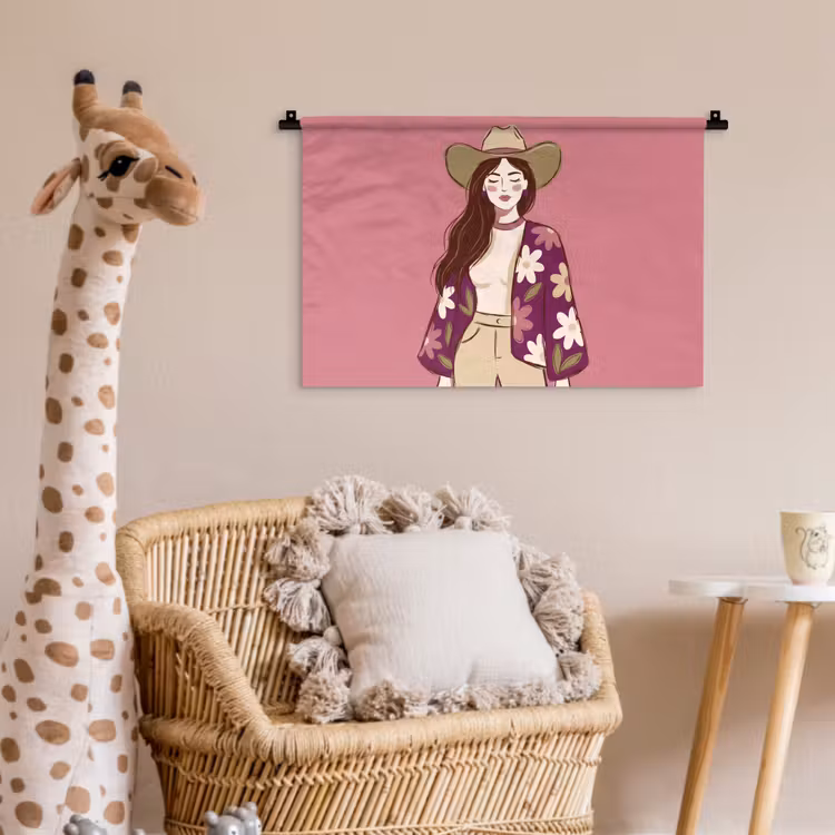 Wandkleed - Vrouw - Hoed - Portret - Illustratie - Roze — 5