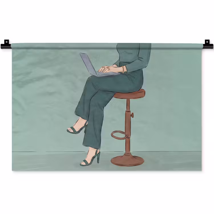 Wandkleed - Vrouw - Laptop - Zittend - Illustratie - Groen — 1