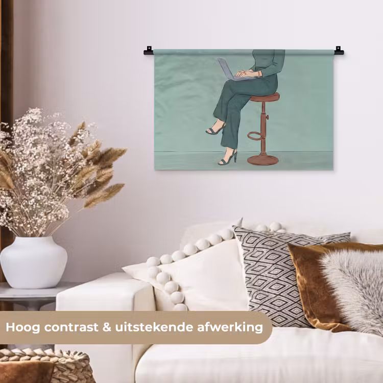 Wandkleed - Vrouw - Laptop - Zittend - Illustratie - Groen — 4