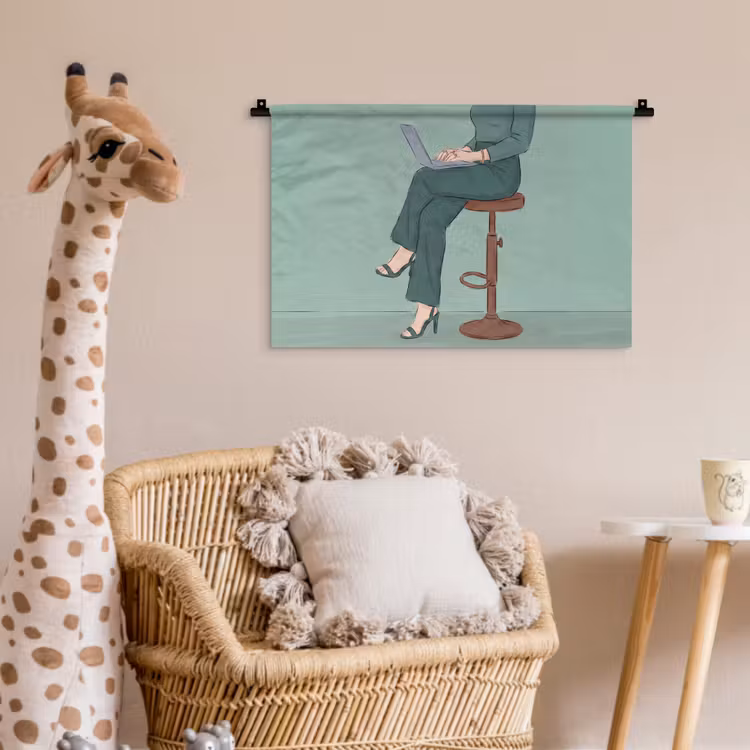 Wandkleed - Vrouw - Laptop - Zittend - Illustratie - Groen — 5