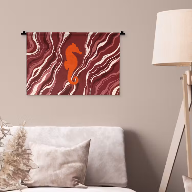 Wandkleed - Zeepaardje - Golven - Zeeleven - Abstract - Oranje — 2