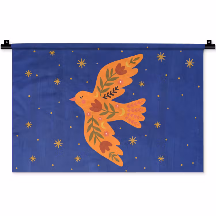 Wandkleed - Vogel - Bloemen - Decoratief - Oranje - Blauw — 1