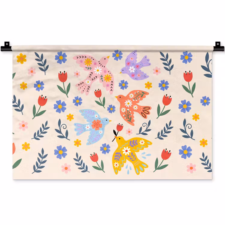 Wandkleed - Vogel - Bloemen - Folk - Kleurrijk - Dieren — 1