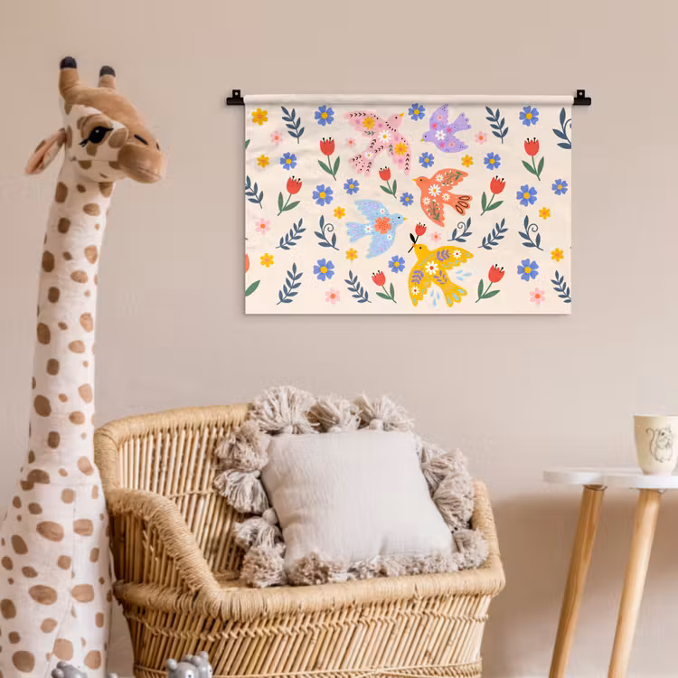 Wandkleed - Vogel - Bloemen - Folk - Kleurrijk - Dieren — 5