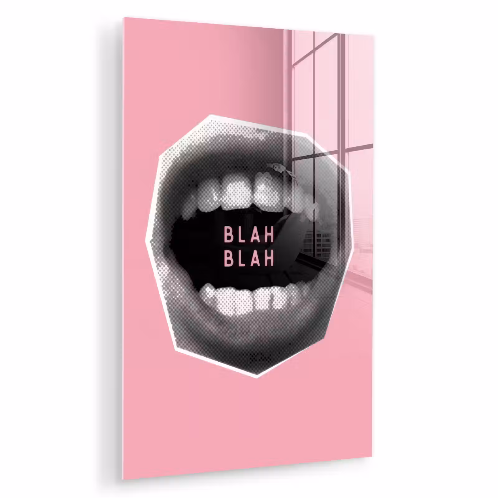 Glas schilderij - Mond - BLAH BLAH - Roze — 1