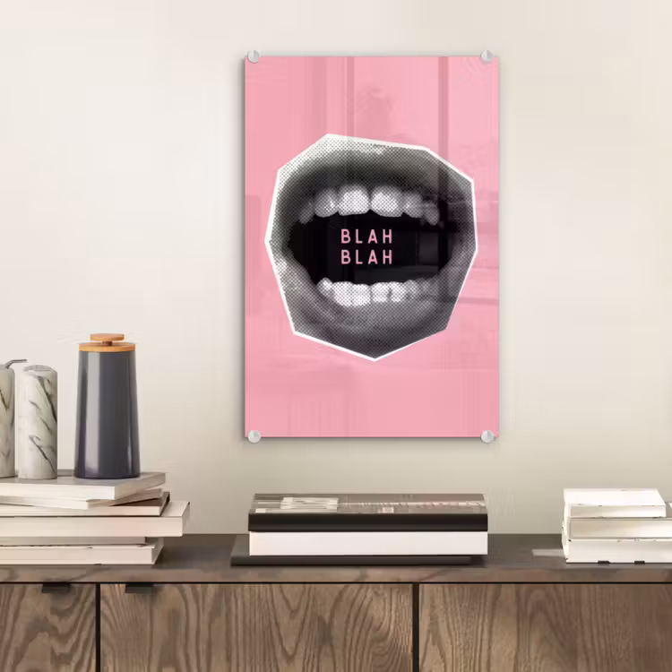 Glas schilderij - Mond - BLAH BLAH - Roze — 2
