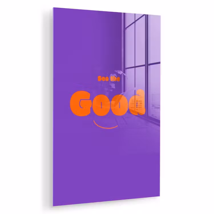 Glas schilderij - See the good - Oranje - Paars - Smiley — 1
