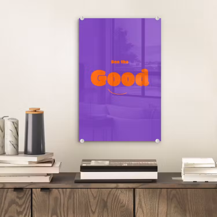 Glas schilderij - See the good - Oranje - Paars - Smiley — 2