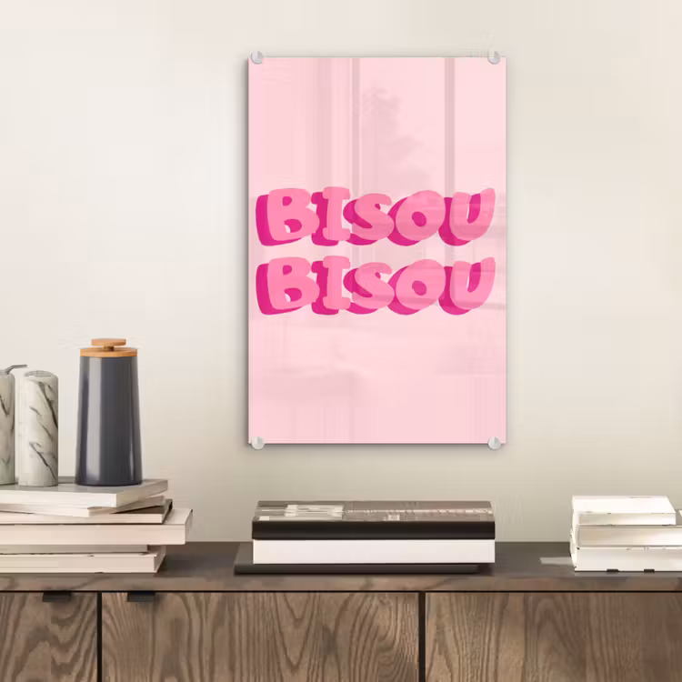 Glas schilderij - Bisou - Roze - Dikke letters — 2