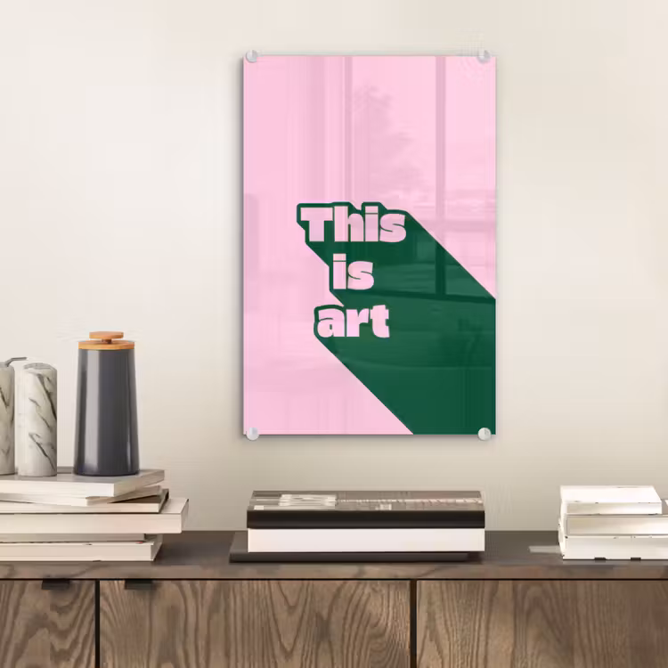 Glas schilderij - Groen - Teskt - This is art - Roze — 2