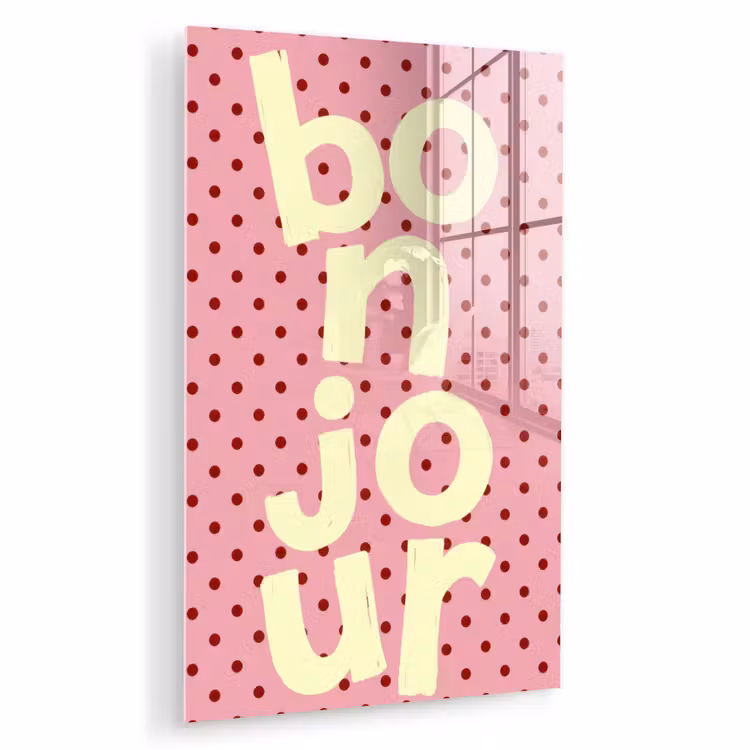 Glas schilderij - Bonjour - Stippen - Roze- Geel — 1